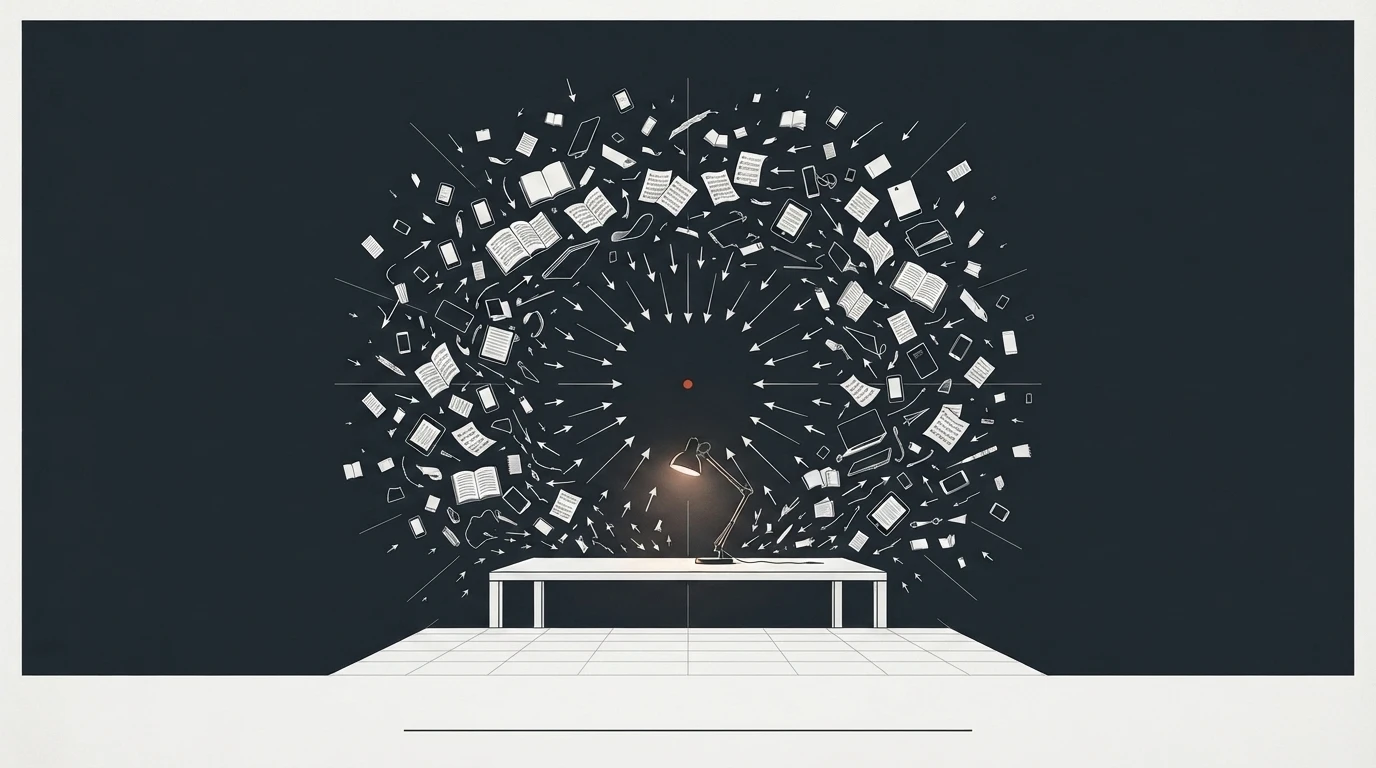 A small warm light surrounded by a dark storm of paper fragments and signals