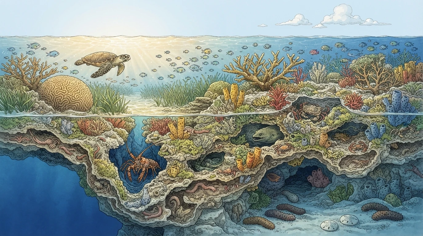 A moonlit coral reef cutaway with glowing coral and fish