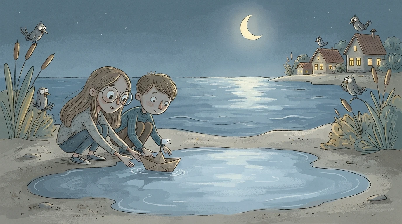 Children sailing a cardboard boat through a moonlit puddle that opens into an ocean