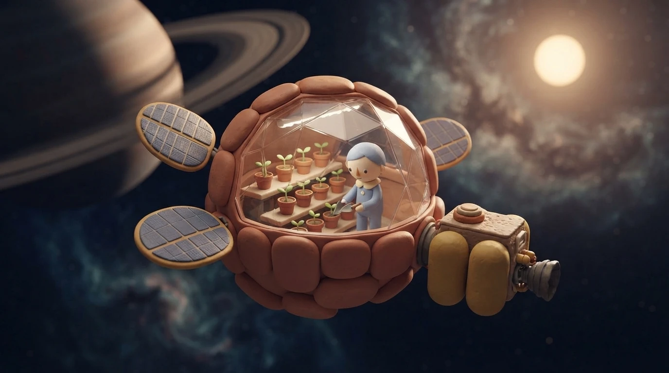 A miniature orbital greenhouse floating above a ringed planet