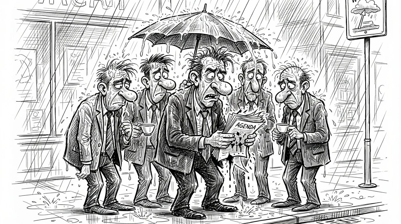 Executives holding a board meeting inside an umbrella during a storm