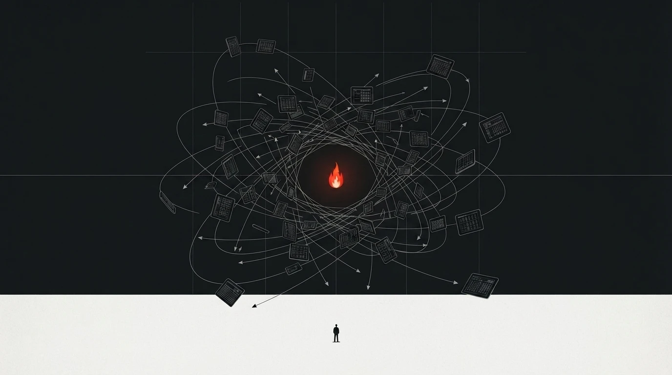 A small flame surrounded by screens and arrows