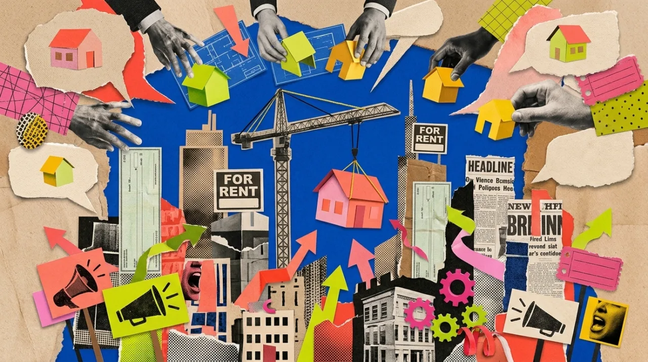 A paper collage exploring competing views in a housing debate
