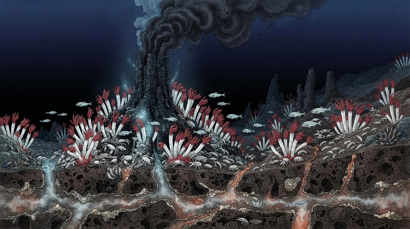 A deep-sea hydrothermal vent ecosystem cutaway