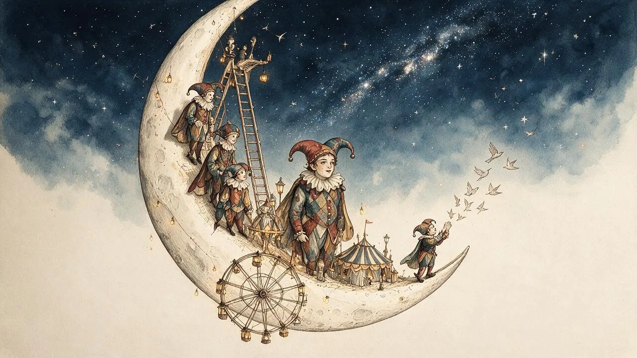 A delicate illustrated carnival assembled by jokers on a crescent moon