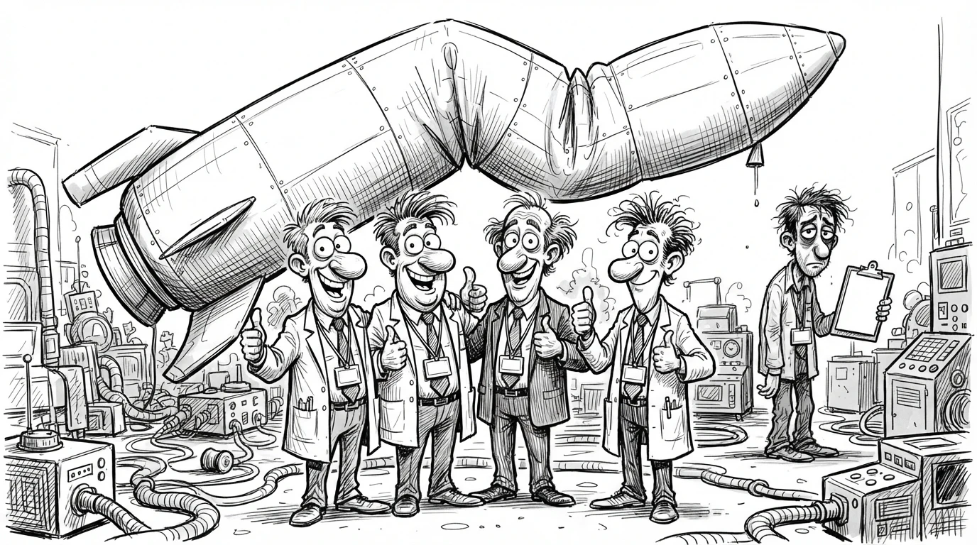 Engineers and executives around an inflatable rocket on launch day