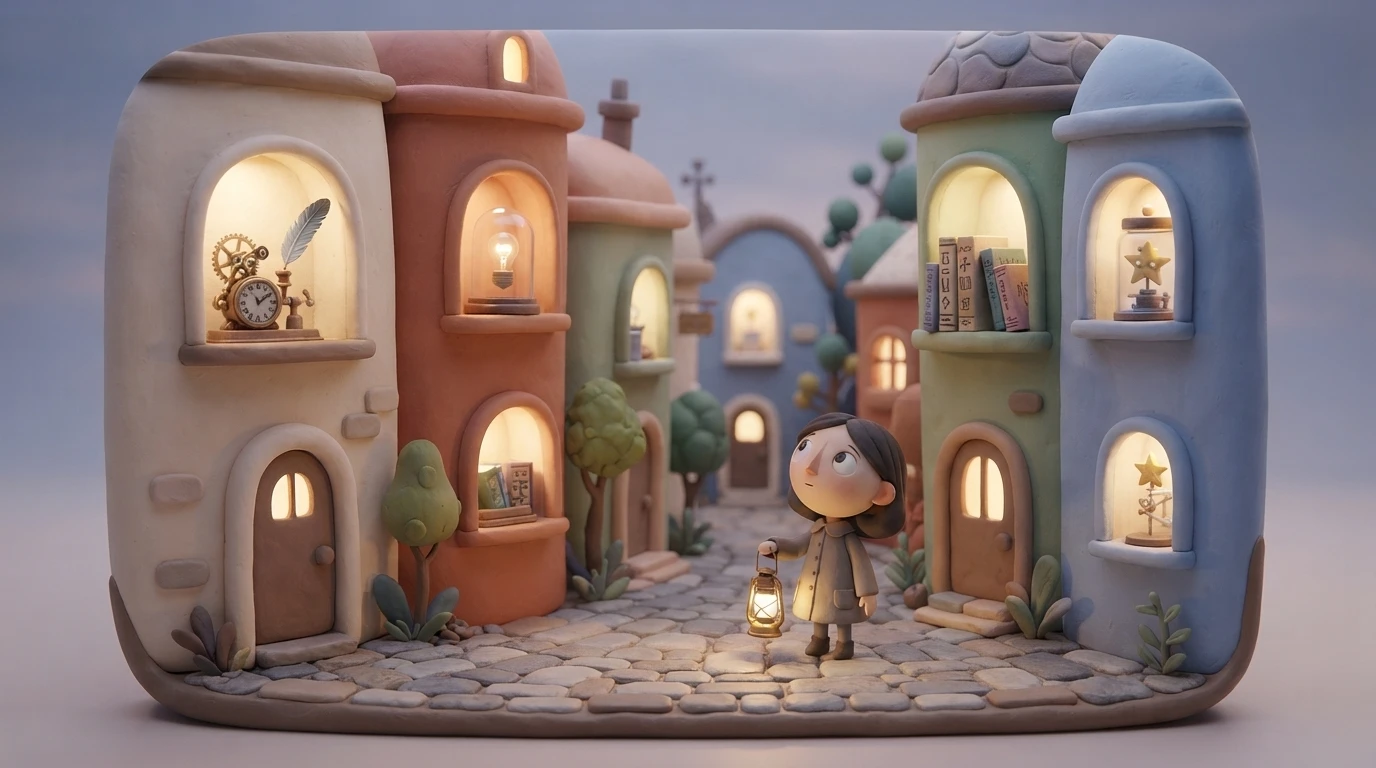 A miniature museum street filled with strange inventions