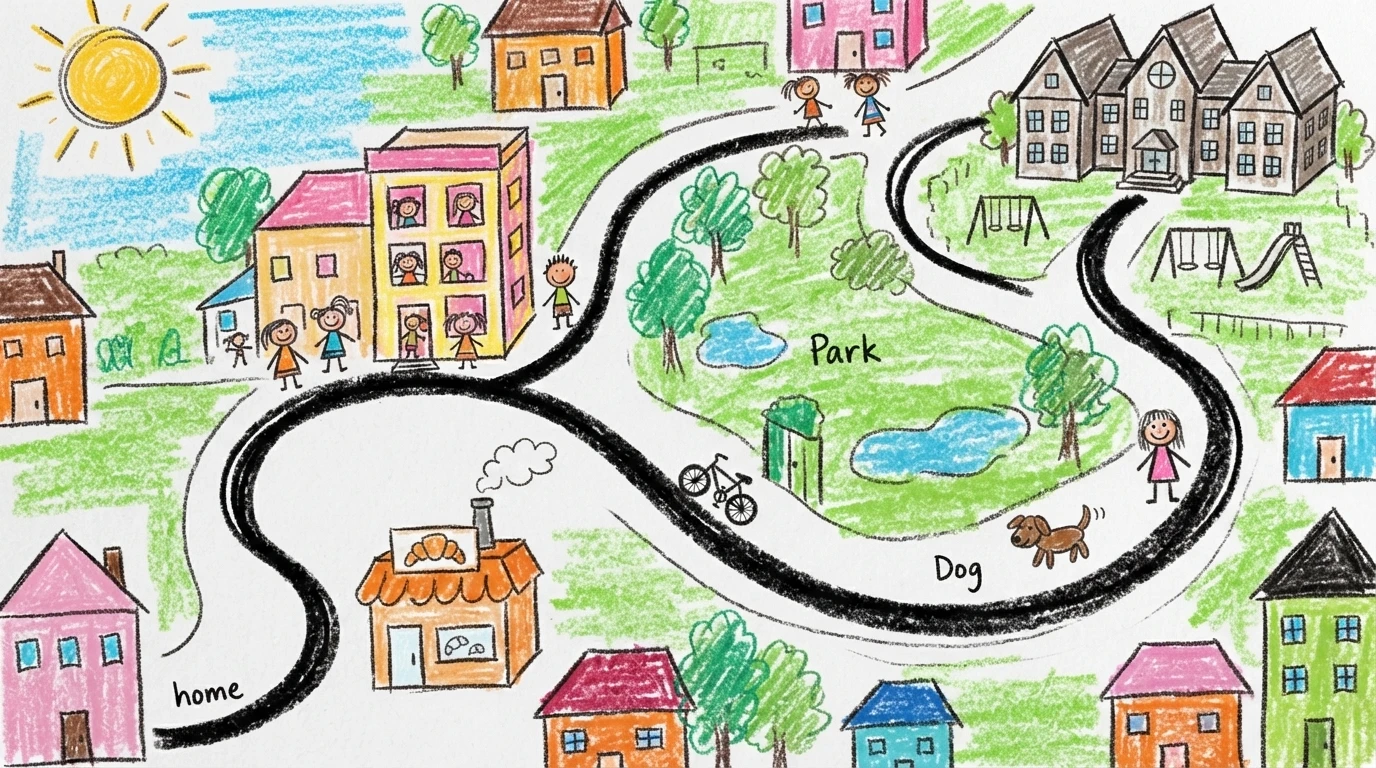 A child's crayon map of their street