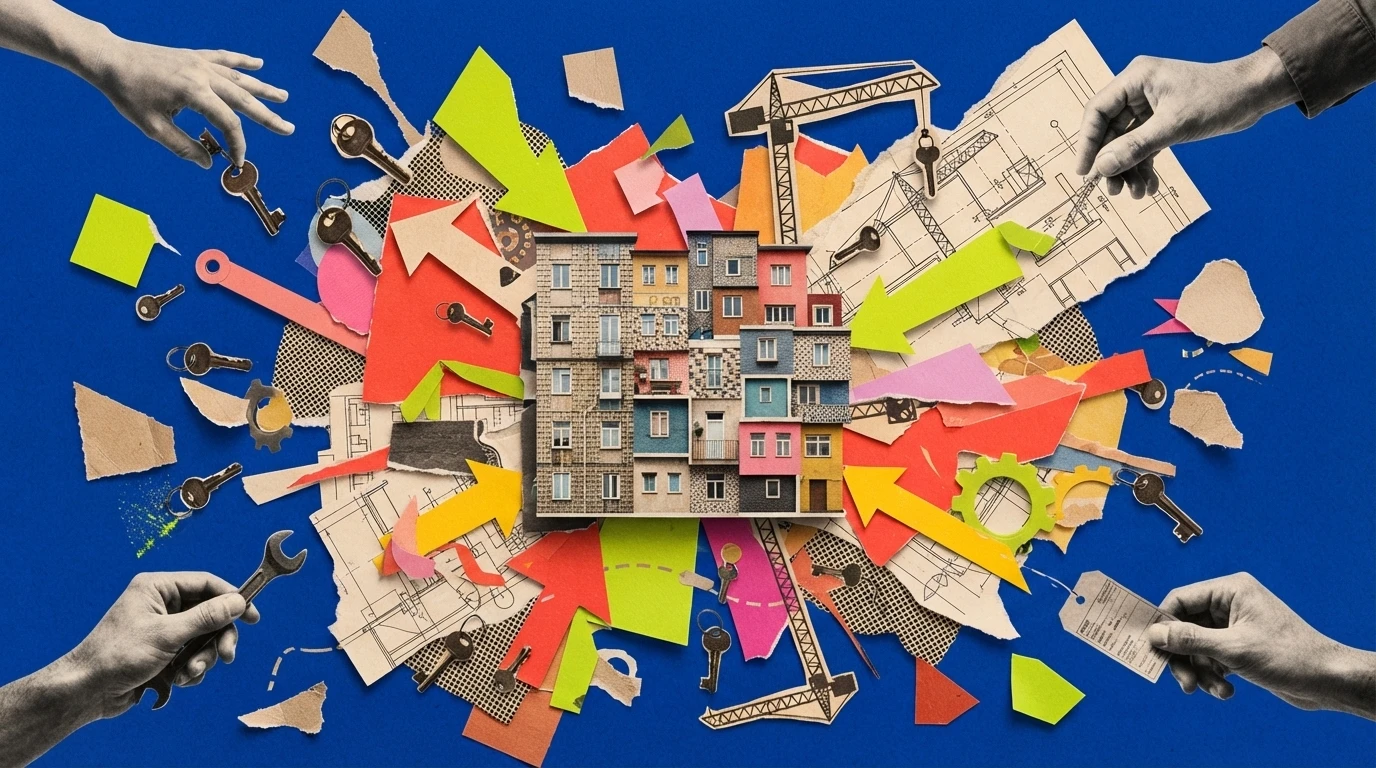 A dense city made from layered paper, blueprints, public notices, and construction cranes