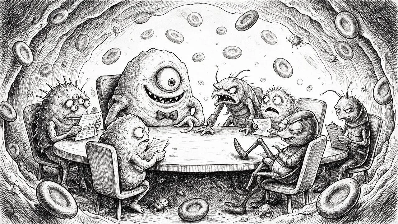 A black ink caricature of parasites holding a board meeting inside a bloodstream